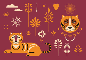 Tiger illustration and decor floral design elements.  For cards, poster, banner design.	
