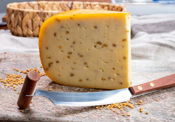 Cheese collection, piece of hard yellow Dutch gouda cheese with dried fenugreek seeds