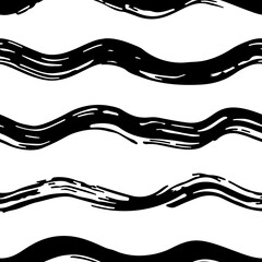 Hand drawn vector seamless pattern with ink waves. Trendy wavy background in black and white. Contemporary vector background for prints, textile, wrapping paper. Brush strokes pattern