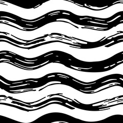 Hand drawn vector seamless pattern with ink waves. Trendy wavy background in black and white. Contemporary vector background for prints, textile, wrapping paper. Brush strokes pattern