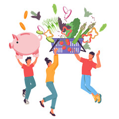 Food delivery and shopping concept with happy family buying food, flat vector illustration isolated on white background. Online grocery store with family happy with profitable purchase.