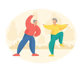 Elderly couple doing yoga exercises outdoor. Cartoon character old man and woman doing fitness activities. Flat vector illustration