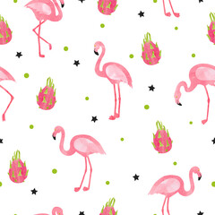 Flamingo bird pattern. Vector seamless watercolor tropical background.