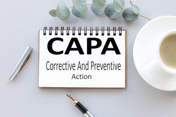 CAPA Corrective and Preventive action plans. text on white notepad paper. near cups with coffee and plants on a gray background.