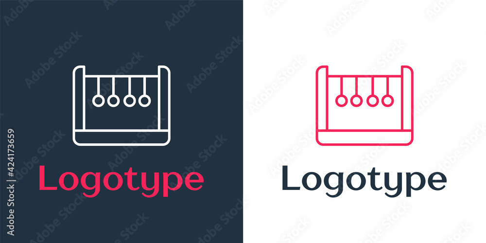 Poster logotype line pendulum icon isolated on white background. newtons cradle. logo design template eleme
