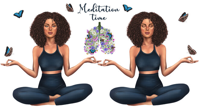 Healthy lifestyle concept. Meditation yoga, healthy women lifestyle. Mental health. Lungs art with meadow flowers and butterfly's.