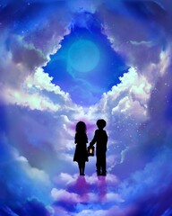 Illustration of an abandoned brother and sister walking through cloud&rsquo;s stairs in blue sky