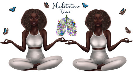 Healthy lifestyle concept. Meditation yoga, healthy women lifestyle. Mental health. Lungs art with meadow flowers and butterfly's.