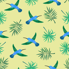 Hummingbirds and exotic palm leaves. Seamless watercolor tropical pattern.