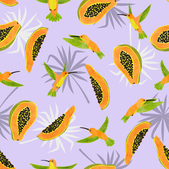 Seamless watercolor hummingbirds and papaya fruits pattern. Vector summer tropic background.