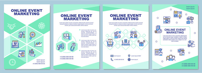 Naklejka premium Online event marketing brochure template. Virtual event promotion. Flyer, booklet, leaflet print, cover design with linear icons. Vector layouts for presentation, annual reports, advertisement pages