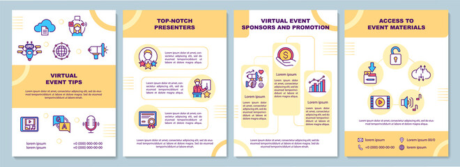 Virtual event tips brochure template. Promotion. Access to material. Flyer, booklet, leaflet print, cover design with linear icons. Vector layouts for presentation, annual reports, advertisement pages