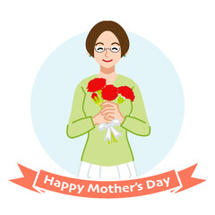 Smiling mother who wearing eye glasses holding a bouquet of carnation - Mother's day clip art