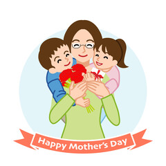 Mother who wearing eye glasses embracing two children - Mother's day clip art