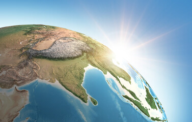 Sun shining over a high detailed view of Planet Earth, focused on Asia, India, Himalayas and Tibet. 3D illustration - Elements of this image furnished by NASA