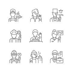 Fototapeta premium Social class linear icons set. Working poor. Subculture group. Aristocratic elite. Clergy status. Customizable thin line contour symbols. Isolated vector outline illustrations. Editable stroke