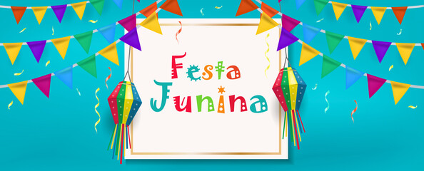 Festa Junina banner. Brazilian Latin American festival template for your design festive bunting flags, paper lantern. Vector illustration