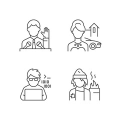 Social status type linear icons set. Political elite. Upper and lower class. Programmer, computer expert. Customizable thin line contour symbols. Isolated vector outline illustrations. Editable stroke