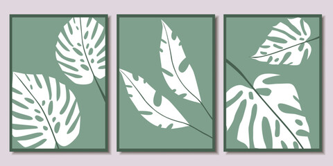 Set of beautiful posters with tropical plants. Modern Art. Vector illustration