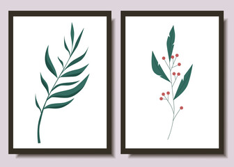 Set of minimalistic posters with plant sprigs. Modern Art. Vector illustration isolated on white background.