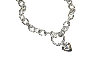 Stylish necklace with heart pendant isolated on white. Woman trendy fashion accessories from chain. Fashionable jewelry.