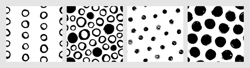 Collage of polka dots seamless vector patterns in black and white. Monochrome set of hand drawn ink dots. Trendy background for prints, cover, wrapping paper and textile. Doodle illustration