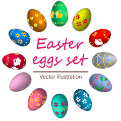 Set of isolated Easter eggs. A selection of colored eggs with different patterns and different colors. Vector illustration for decorating Easter cards, banners, stickers, flyers, backgrounds.