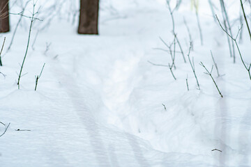 A narrow path trodden in deep snow. Background with footprints of a man in the snow.