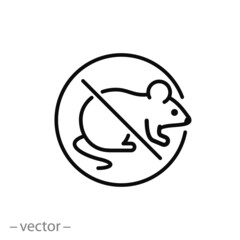 no rats, control or anti pest, mouse icon, mice prohibition, deratization rodent, exterminate or ban, thin line symbol on white background - editable stroke vector illustration eps10