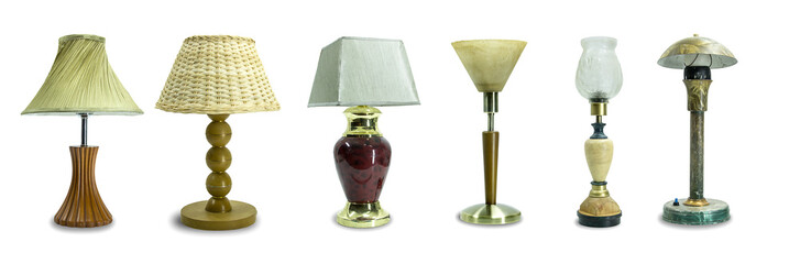 Set of retro, vintage table lamps isolated on white.