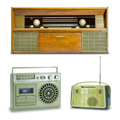A collage of photos of old radios. Isolated.