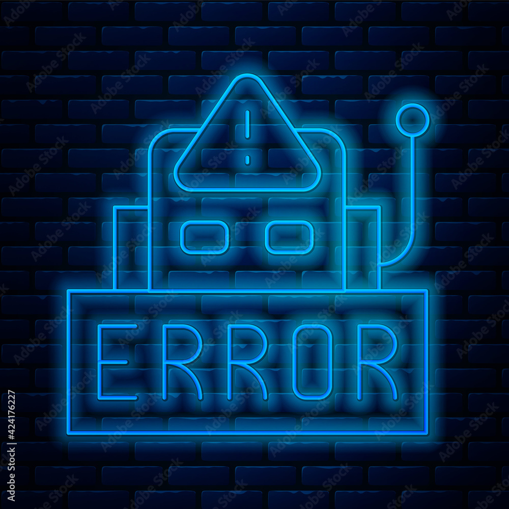 Poster glowing neon line error in the operation program of the robot icon isolated on brick wall background