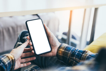 cell phone blank white screen mockup.woman hand holding texting using mobile on desk at office.background empty space for advertise.work people contact marketing business,technology
