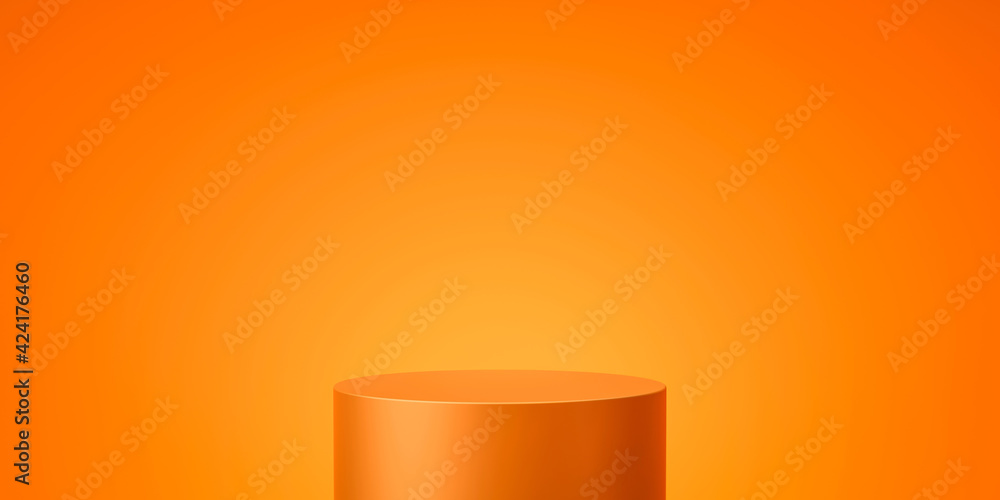 Wall mural Orange product background stand or podium pedestal on empty display with glowing light backdrops. 3D rendering.