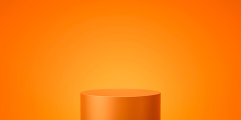 Orange product background stand or podium pedestal on empty display with glowing light backdrops. 3D rendering.