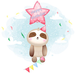 Cute doodle sloth flying with star balloon for birthday cartoon character Premium Vector