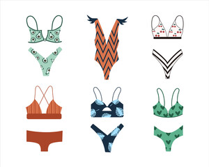Collection of different women's swimwear. Vector illustration on a white background.