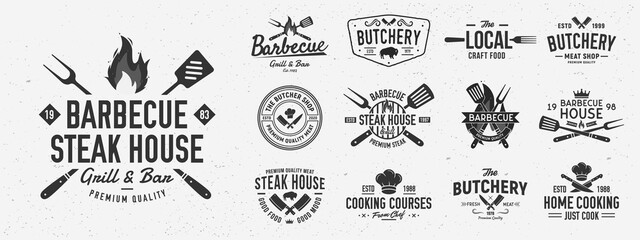 Vintage Barbecue logo set. Set of 13 bbq logo templates. Steak House, cafe, restaurant menu. BBQ, Butchery, Restaurant, Cooking class, Grill emblems. Trendy vintage hipster design. Vector illustration