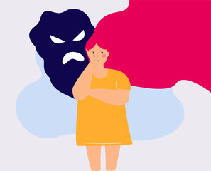 Female character with dissociative identity disorder. Pessimistic girl with mental illness, voices in the. Split Personality and Borderline Disorder. Woman with other faces has Schizophrenia symptoms.