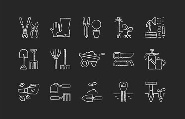 Gardening tools chalk white icons set on black background. Horticultural implement. Bypass loppers. Gloves, boots. Hosepipe. Clippers, secateurs. Garden fork. Isolated vector chalkboard illustrations