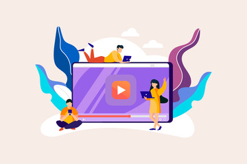 Video content creator, colorful cartoon blogger. editing, uploading, and slicing videos. organization of video shooting, manipulation. Flat vector illustration.