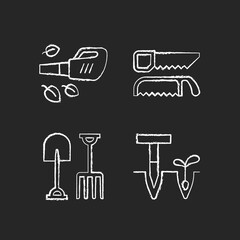 Garden instruments chalk white icons set on black background. Leaf blower. Saws. Fork and spade. Pointed wooden stick. Cleaning up leaves. Loosening soil. Isolated vector chalkboard illustrations