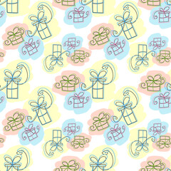 Seamless pattern with hand drawn Birthday presents, vector. Birthday gift boxes over white background