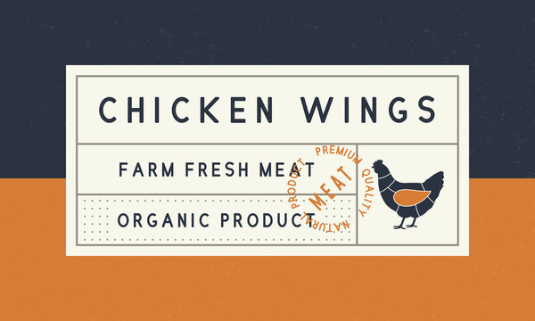 Vintage label, sticker, tag. Chicken wings label for meat packaging. Sticker template with hen silhouette. Chicken diagram. Vintage chicken wings tag. Retro hipster design. Vector illustration