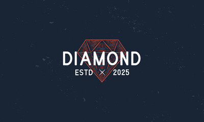 Vintage Diamond logo. Engraved diamond print for t-shirt, banner, poster, cover, badge and label. Trendy hipster design. Tattoo design. Retro logo template with grunge texture. Vector illustration