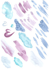 Hand drawn watercolor brush strokes of blue and lilac paint isolated on white background for logos, invitations, business cards.