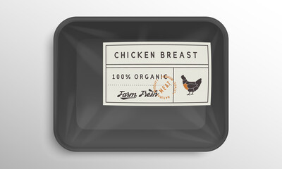 Vector Meat plastic box mockup. Chicken meat label with hen silhouette. Empty food box mockup with sticker of chicken meat. Package for meat products. Templates for supermarket, grocery store. 