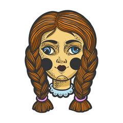 squint cockeyed puppet doll head color sketch engraving vector illustration. T-shirt apparel print design. Scratch board imitation. Black and white hand drawn image.