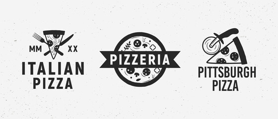 Pizza vintage hipster logo set. Vintage logo for pizzeria, restaurant, cafe. Emblems with pizza, pizza slice, fork and knife, round knife for pizza. Vector illustration