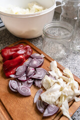 Ingredients ready to prepare red onion, cabbage and bell bell pepper pickles.Vertical shot.